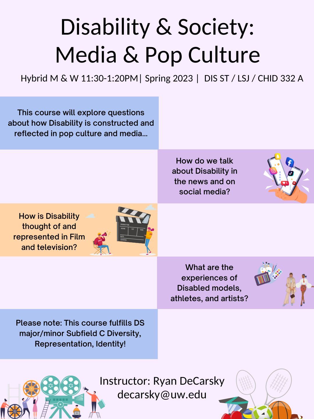 Flyer for course. Title in large letters says “Disability and Society: Pup culture and Media. Hybrid M and W 11:30-1:20PM. Course is DIST ST / CHID / LSJ 332. Flyer Background is light pink with with 4 colored rectangles spread along the page. The first is blue and has text over it: This course will explore questions about how Disability is constructed and reflected in pop culture and media. The next rectangle is purple and has text: How do we talk about Disability in the news and on social media. There is a graphic of a hand holding 2 phones with icons of different social media apps shown. The social media apps are snapchat, instagram, facebook, and tiktok. The next rectable is tan and has text: How is Disability thought of and represented in Film and television? Next to the text is a graphic of a film director siting in a chair directing a person holding a cue card to start filming. The next rectangle is purple and has text: What are the experiences of Disabled models, athletes, and artists? Next to the text are two graphics, one of art supplies, and the other of two feminine presenting models. The final rectanlge below is blue with text: Please note this course fullfills DS major/minor subfield C diversity, representation, identity! At the bottom of the flyer it lists the isntructor Ryan DeCarsky and his email decarsky@uw.edu. At bottom left corner of flyer is a graphic showing people on a movie set and at the bottom right corner of the flyer shows a graphic of various sporting equipment.
