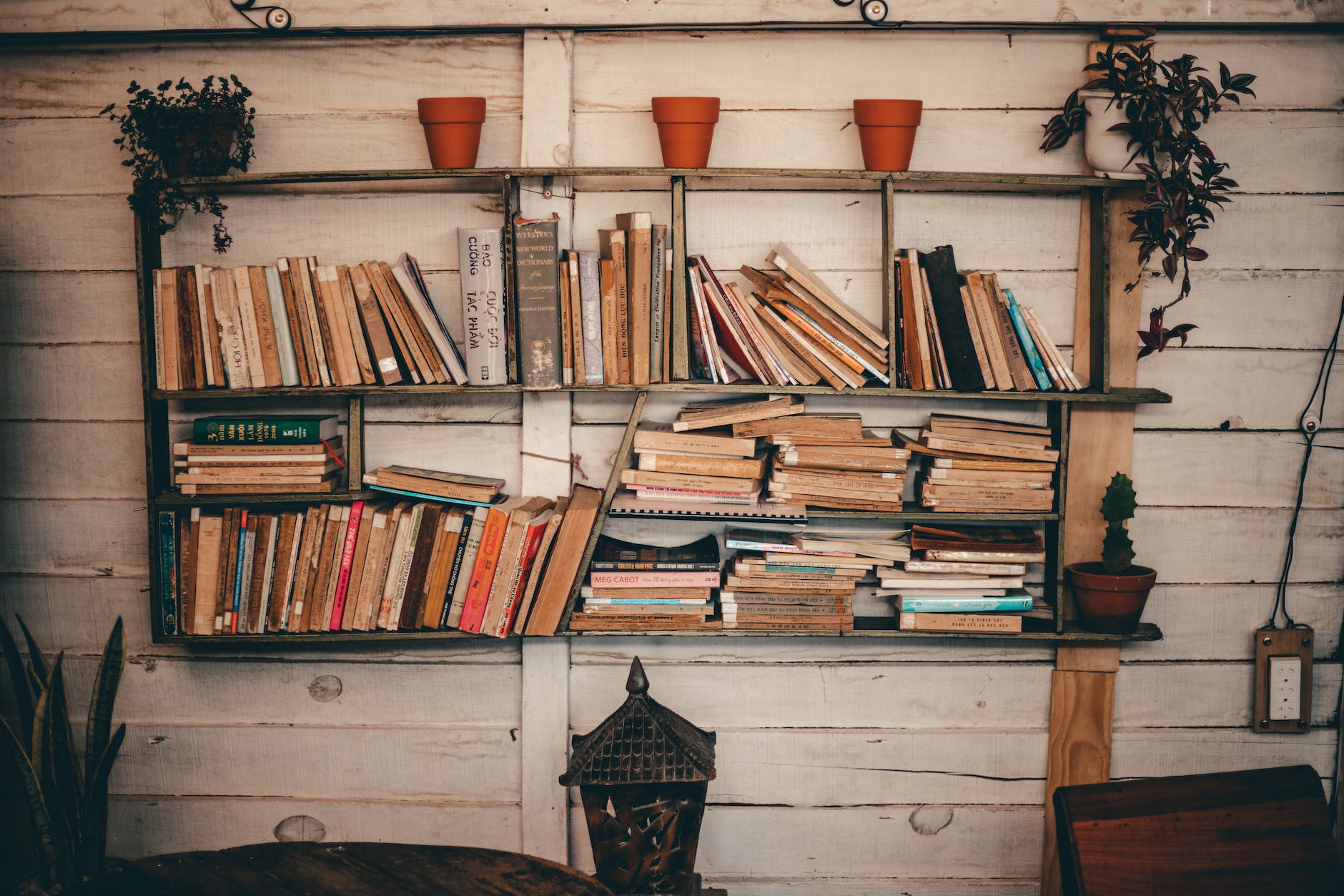 Picture of interior off white wall with wooden slates. The wall has 3 shelves on it covered with stacks of books, an a few plants. Picture gives sense of personal library. 
